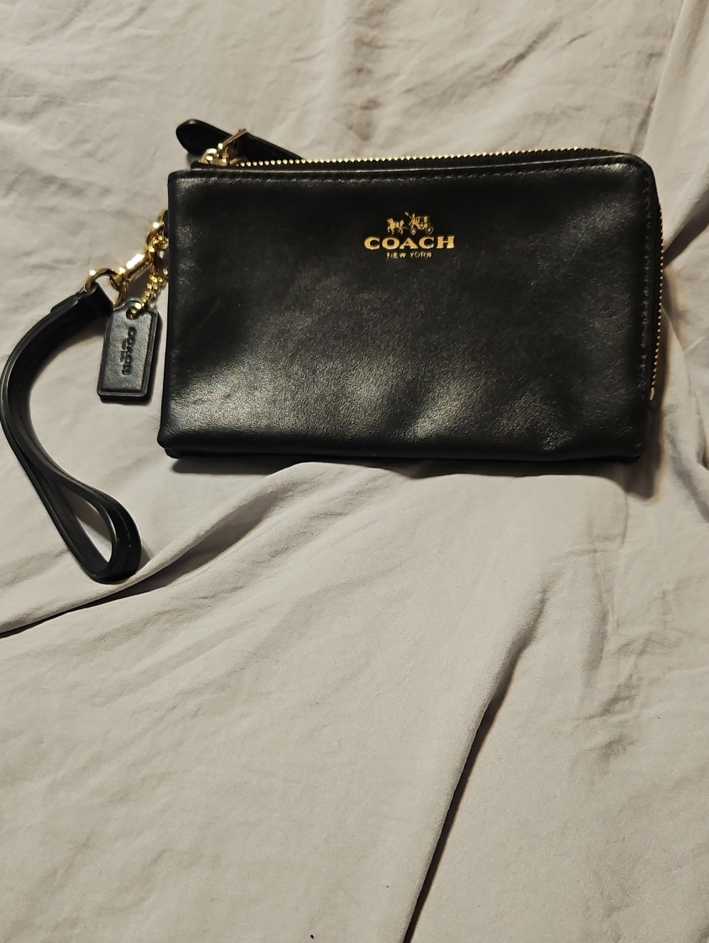 Coach Black Leather Wristlet with Gold Hardware